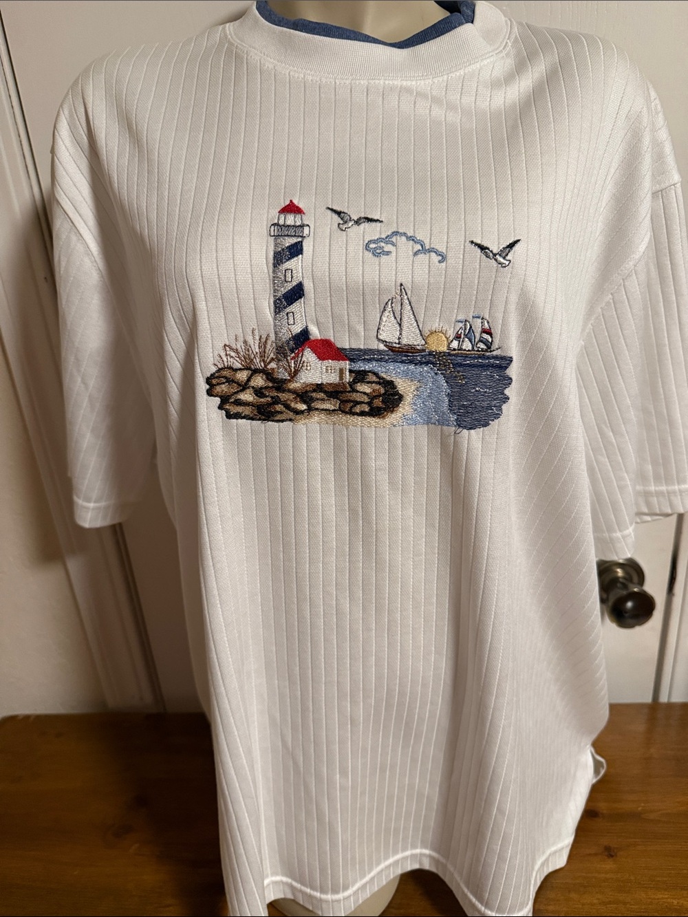 BonWorth White Ribbed Nautical Embroidered Tee with Red and Blue Accents